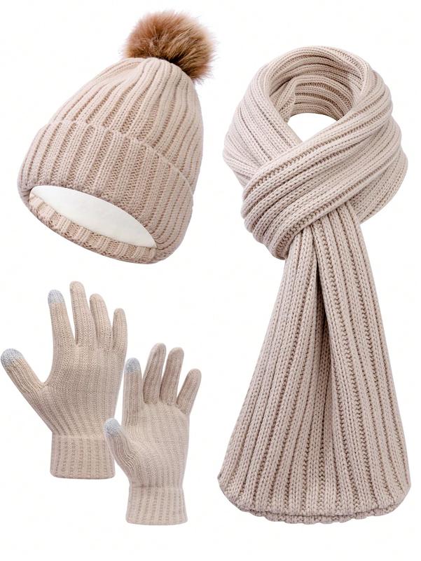 3pcs Women Simple Solid Color Vertical Striped Knit Knitted Beanie, Scarf Set With Gloves, Warm And Cozy For Casual Outdoor Use In Autumn Winter Christmas beanie hat