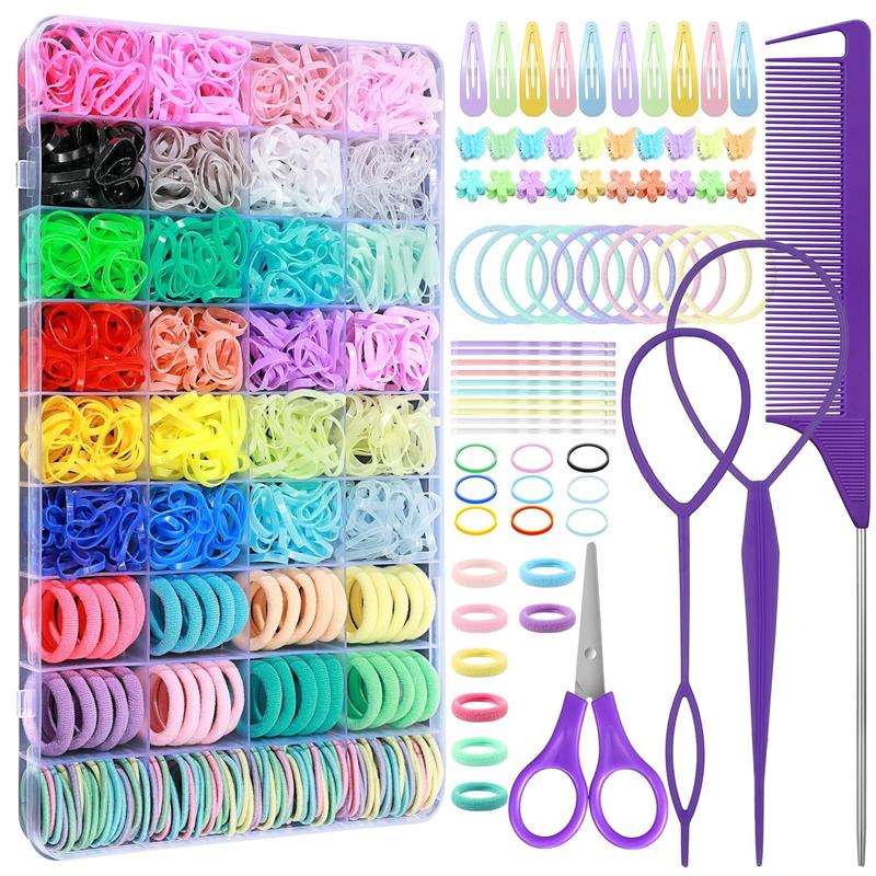 Hair Accessories for Girl, 1784  Elastic Hair Ties Set 24 Color Hair Rubber Bands with Organizer Box Cotton  Hair Ties Hair Styling Tool Set  Hair Clips Hair Elastic  Scissor