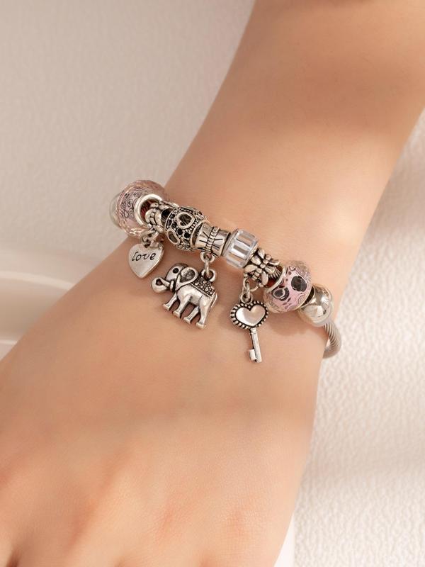 Cute Hollow Out & Heart & Elephant Charm Bangle, Heart Elephant Charm Bracelet, Stainless Steel Jewelry For Women For Gift