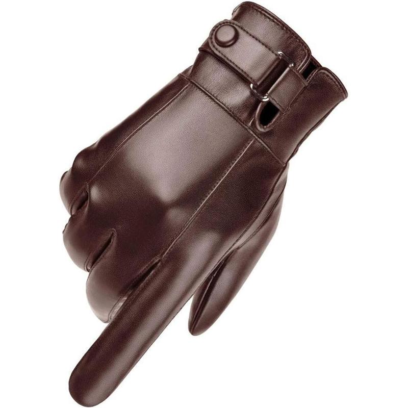 Mens Winter  Black Brown Smooth PU Leather Plus Thick  Touch Screen Gloves