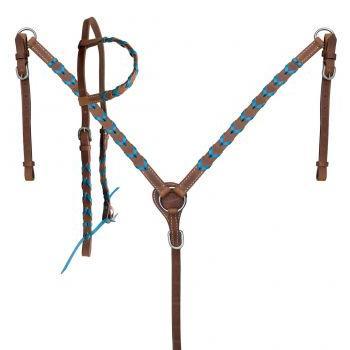 Argentina cow harness leather one ear headstall and breast collar set with colored lacing