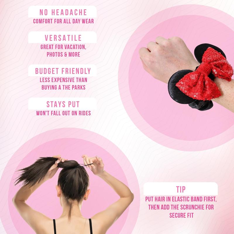 2pk Mouse Ear Scrunchies for    Bow Scrunchies for Women - Sparkle Sequins Mouse  Bands for Pony Tail (Red Black)