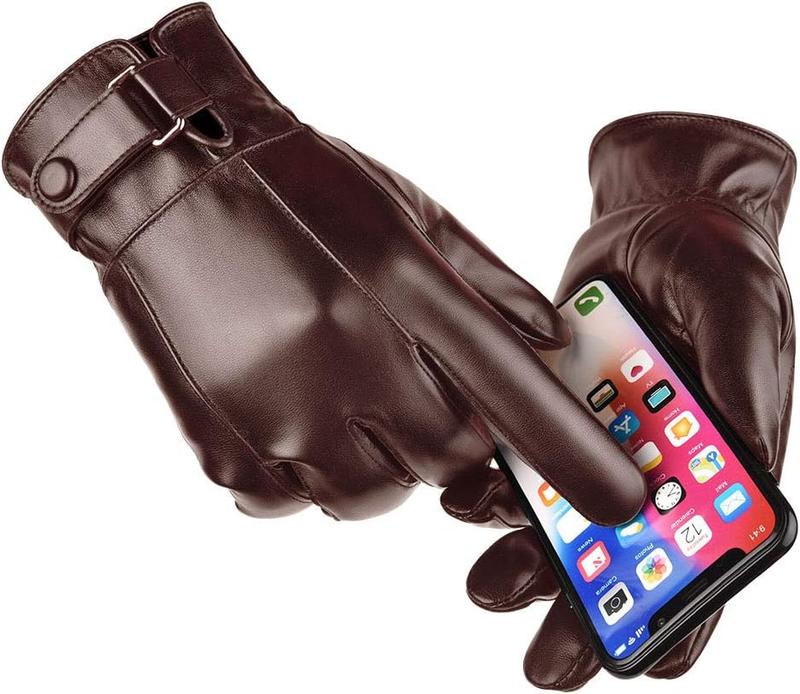 Mens Winter  Black Brown Smooth PU Leather Plus Thick  Touch Screen Gloves