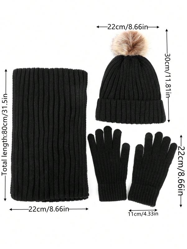 3pcs Women Simple Solid Color Vertical Striped Knit Knitted Beanie, Scarf Set With Gloves, Warm And Cozy For Casual Outdoor Use In Autumn Winter Christmas beanie hat