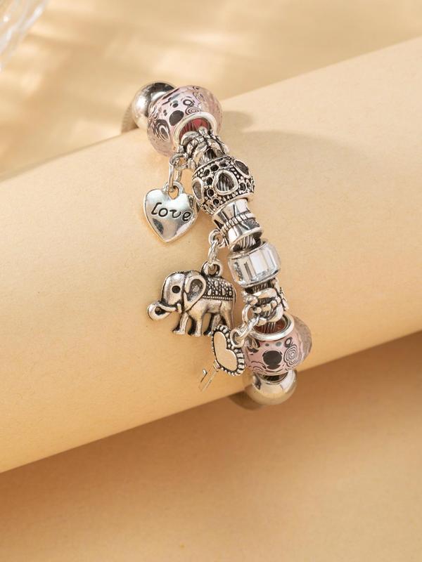 Cute Hollow Out & Heart & Elephant Charm Bangle, Heart Elephant Charm Bracelet, Stainless Steel Jewelry For Women For Gift