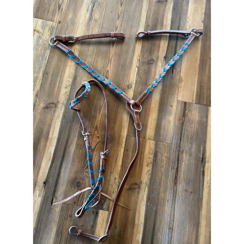 Argentina cow harness leather one ear headstall and breast collar set with colored lacing