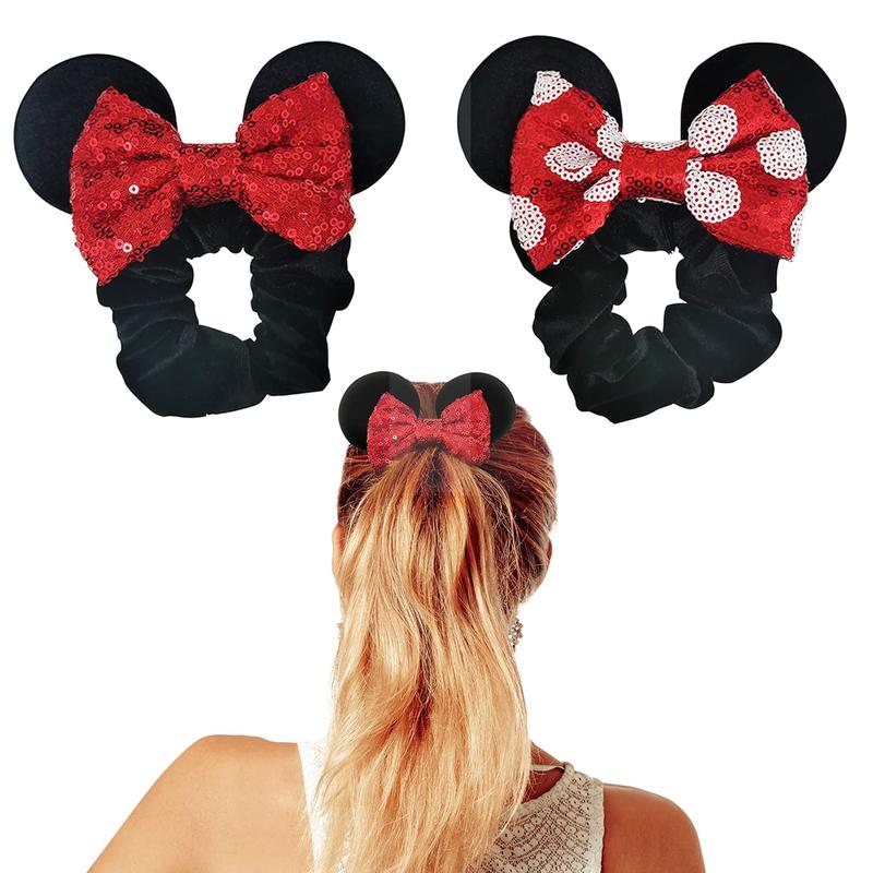 2pk Mouse Ear Scrunchies for    Bow Scrunchies for Women - Sparkle Sequins Mouse  Bands for Pony Tail (Red Black)