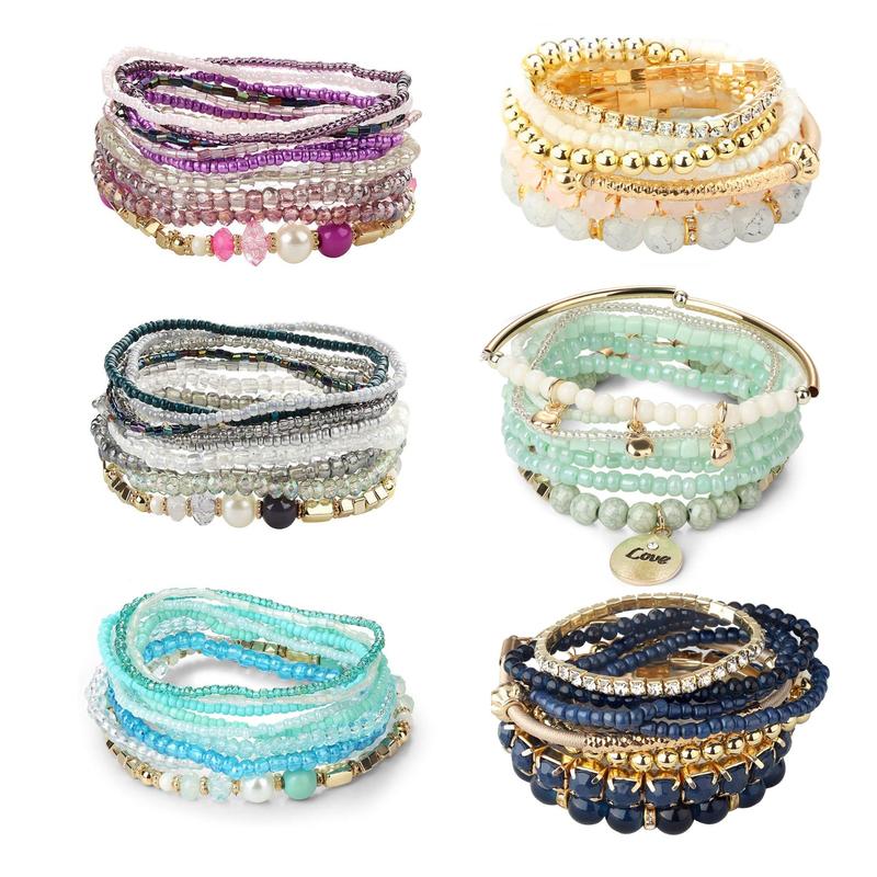 LOYALLOOK 6 Sets Bohemian Stackable Bead Bracelets for Women Stretch Bohemian Style Stretch Multilayered Boho Bracelet Set