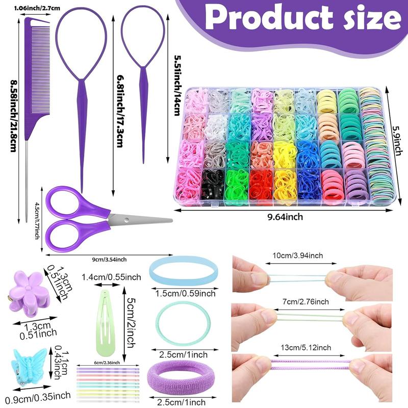 Hair Accessories for Girl, 1784  Elastic Hair Ties Set 24 Color Hair Rubber Bands with Organizer Box Cotton  Hair Ties Hair Styling Tool Set  Hair Clips Hair Elastic  Scissor