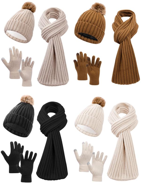 3pcs Women Simple Solid Color Vertical Striped Knit Knitted Beanie, Scarf Set With Gloves, Warm And Cozy For Casual Outdoor Use In Autumn Winter Christmas beanie hat