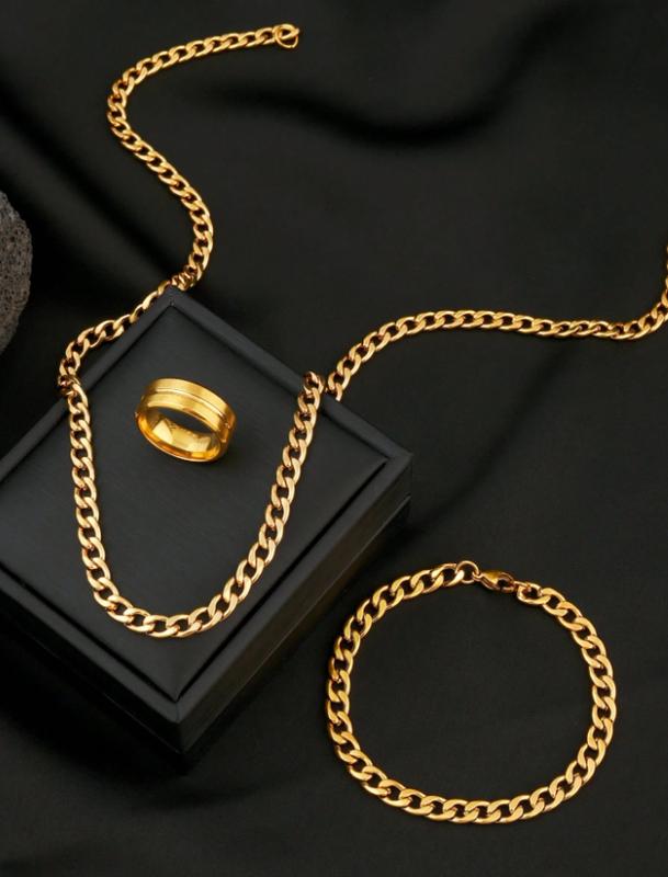 Men's Golden Stainless Steel Jewelry Set - Hip Hop Chain Necklace Bracelet Ring