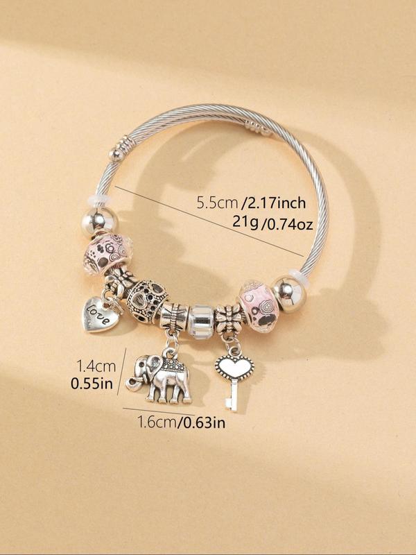 Cute Hollow Out & Heart & Elephant Charm Bangle, Heart Elephant Charm Bracelet, Stainless Steel Jewelry For Women For Gift