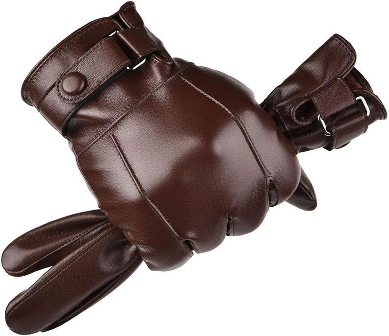 Mens Winter  Black Brown Smooth PU Leather Plus Thick  Touch Screen Gloves