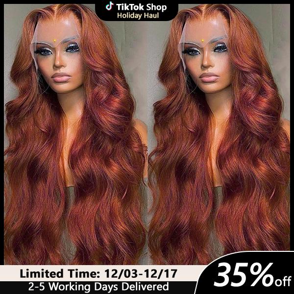 Bling Hair 33# Red Brown(Ginger) Wig Human Hair 13x4 Body Wave Lace Frontal Wig 180% Density Transparent Lace Front Wigs For Women