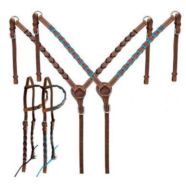 Argentina cow harness leather one ear headstall and breast collar set with colored lacing