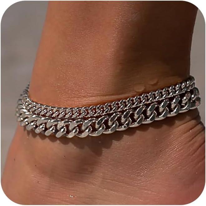 FOXGIRL 2pcs Women Thick Cuban Chain Anklet Set Fashionable Men'S And Women'S Adjustable Anklets Multi-Layer Anklet Set Beach Gift Men'S Birthday Gift