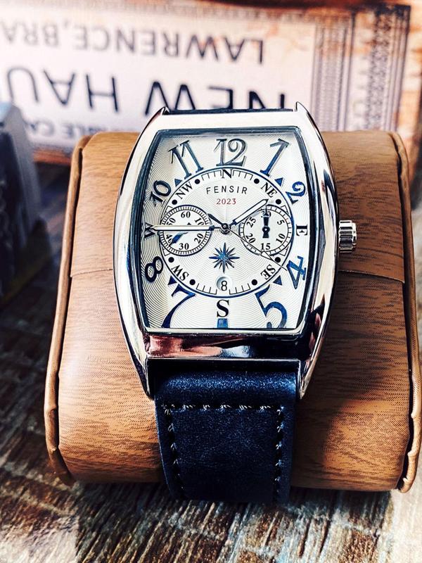 Men's Business Fashion Barrel Dial Analog Quartz Watch, with Box, Trendy Watch with Calendar Function for Party, Daily Decor, Trendy Exquisite Watch for Birthday Gift