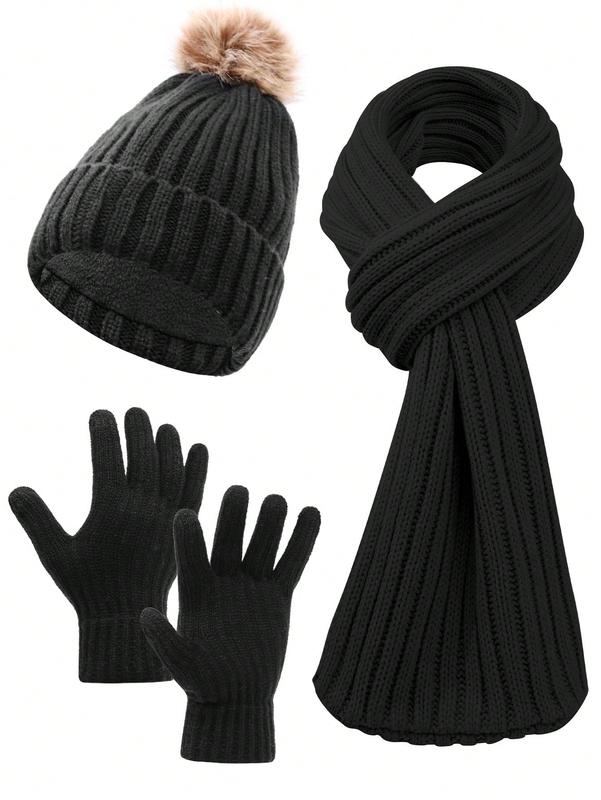 3pcs Women Simple Solid Color Vertical Striped Knit Knitted Beanie, Scarf Set With Gloves, Warm And Cozy For Casual Outdoor Use In Autumn Winter Christmas beanie hat