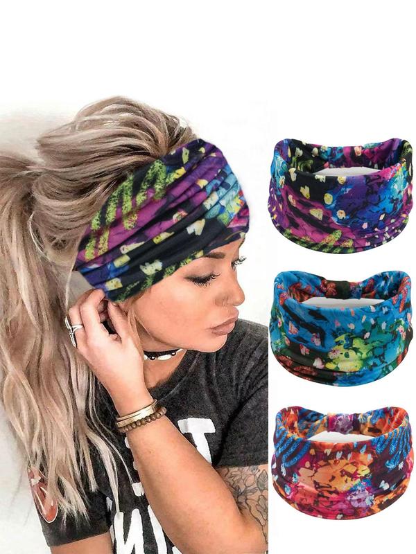 3pcs All Over Print Hair Band, Casual Wide Elastic Hair Band for Women, Sport Hair Band for Gym Workout Running