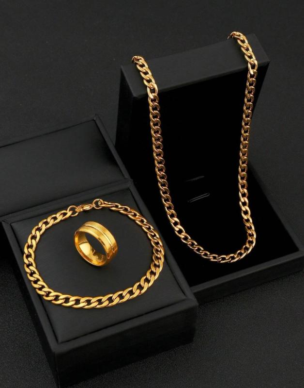 Men's Golden Stainless Steel Jewelry Set - Hip Hop Chain Necklace Bracelet Ring