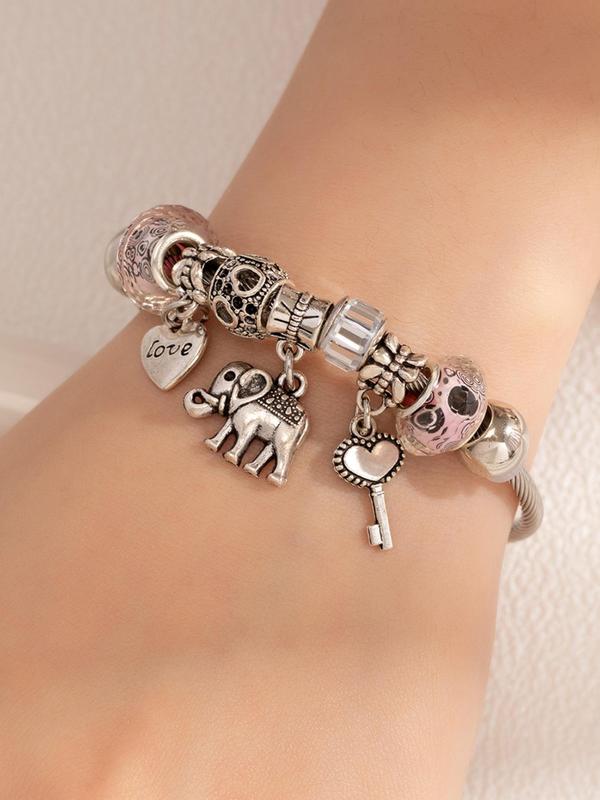 Cute Hollow Out & Heart & Elephant Charm Bangle, Heart Elephant Charm Bracelet, Stainless Steel Jewelry For Women For Gift