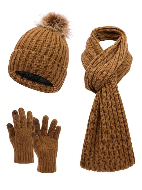 3pcs Women Simple Solid Color Vertical Striped Knit Knitted Beanie, Scarf Set With Gloves, Warm And Cozy For Casual Outdoor Use In Autumn Winter Christmas beanie hat