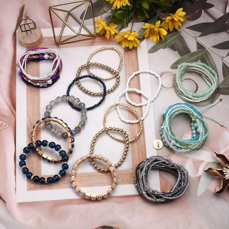 LOYALLOOK 6 Sets Bohemian Stackable Bead Bracelets for Women Stretch Bohemian Style Stretch Multilayered Boho Bracelet Set