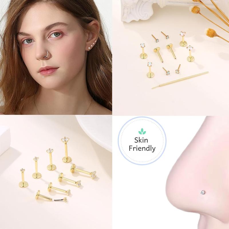 Threadless CZ Nose Studs for Men & Women – Hypoallergenic 316L Surgical Steel Flat Back Rings for Nostril, Tragus, Helix, Labret Piercings, 20G 18G