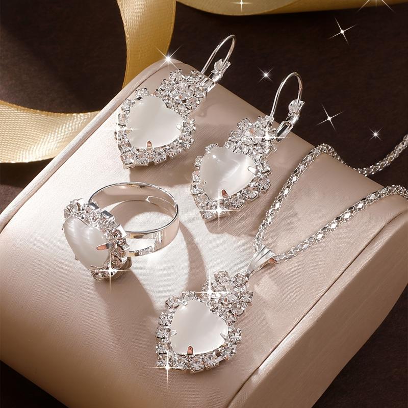 3 Colors Elegant Heart-Shaped Jewelry Set, 4pcs Alloy With Faux Diamond Accents, Pendant Necklace, Earrings, Ring, Vacation & Year-Round Elegant Gift Set