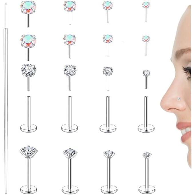 Threadless CZ Nose Studs for Men & Women – Hypoallergenic 316L Surgical Steel Flat Back Rings for Nostril, Tragus, Helix, Labret Piercings, 20G 18G