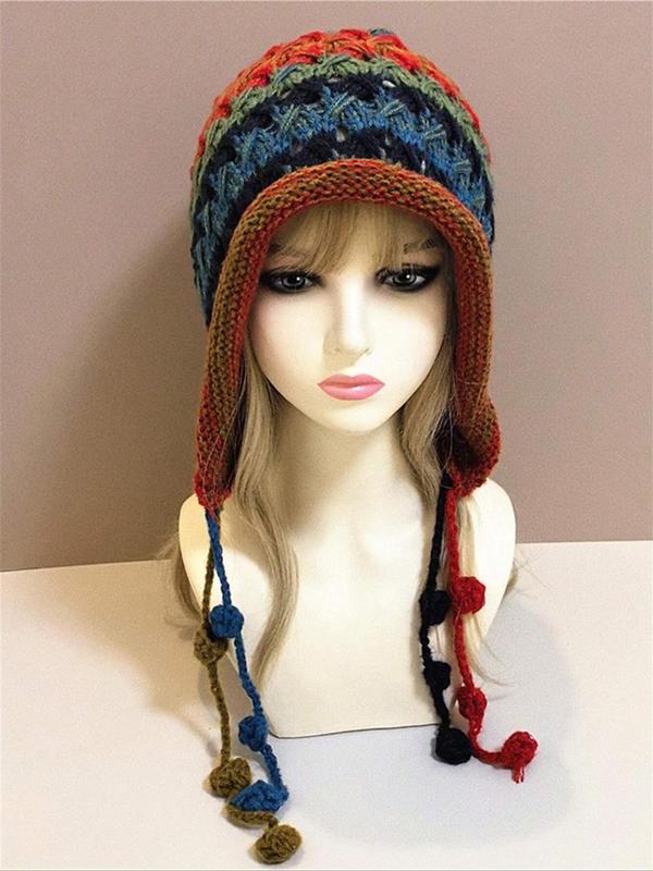 Women's Colorblock Braided Design Pom Pom Decor Beanie Hat, Casual Trendy Warm Earflap Hat, Fashionable Knit Hat for Fall & Winter