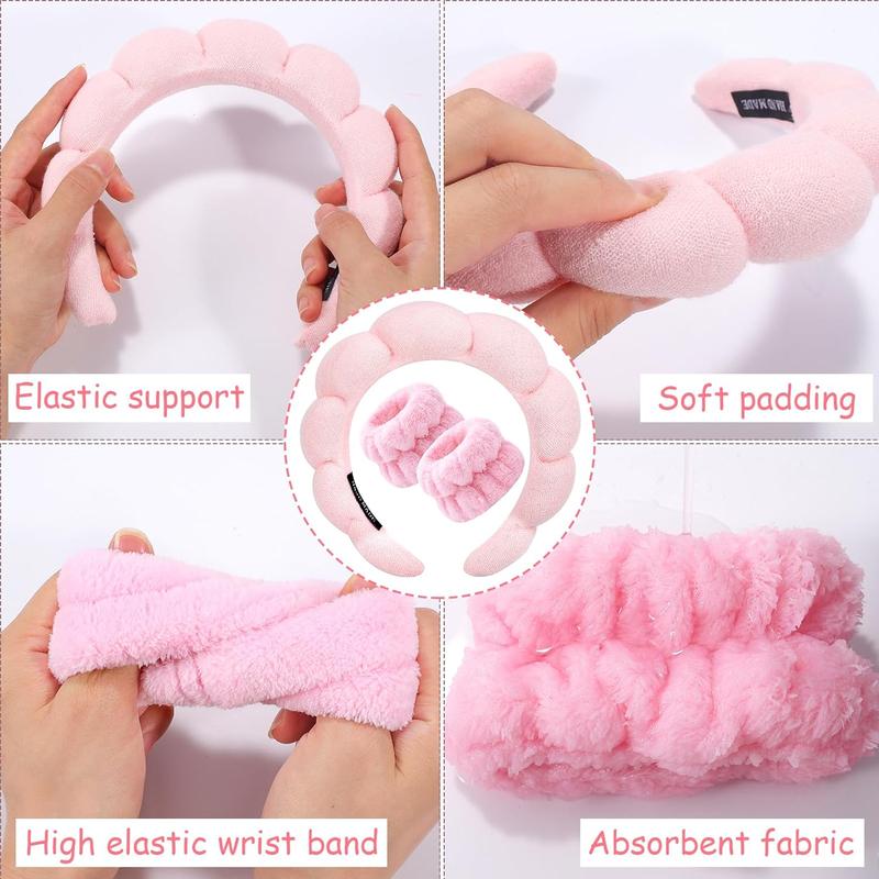 Spa Headband for Washing Face Wristband Sponge Makeup Skincare Headband Terry Cloth Bubble Soft Get Ready Hairband for Women Girl Puffy Padded Headwear Non Slip Thick Hair Accessory(Pink)