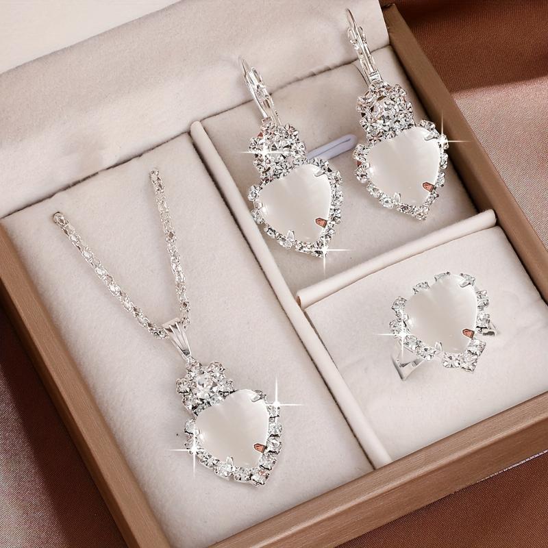 3 Colors Elegant Heart-Shaped Jewelry Set, 4pcs Alloy With Faux Diamond Accents, Pendant Necklace, Earrings, Ring, Vacation & Year-Round Elegant Gift Set