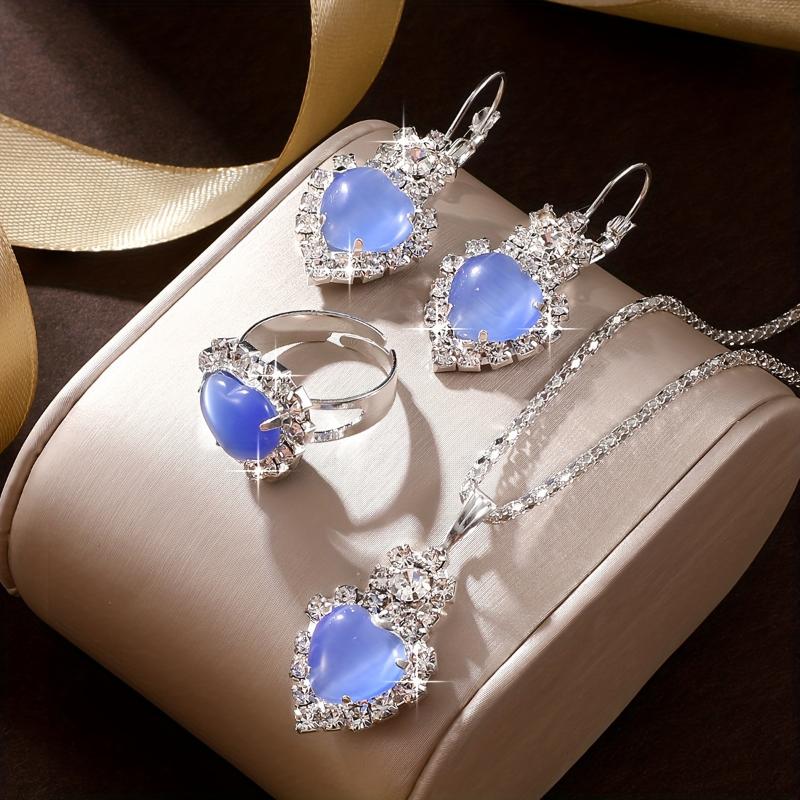 3 Colors Elegant Heart-Shaped Jewelry Set, 4pcs Alloy With Faux Diamond Accents, Pendant Necklace, Earrings, Ring, Vacation & Year-Round Elegant Gift Set