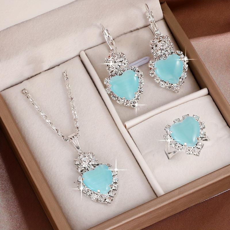 3 Colors Elegant Heart-Shaped Jewelry Set, 4pcs Alloy With Faux Diamond Accents, Pendant Necklace, Earrings, Ring, Vacation & Year-Round Elegant Gift Set