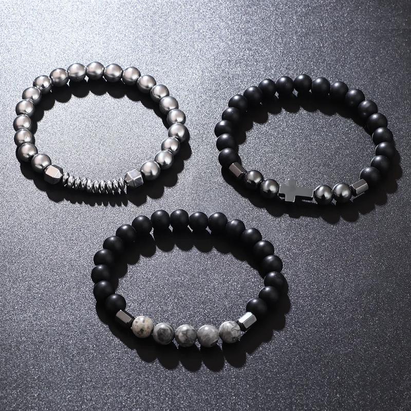 3 Pcs Black Hematite Beads Bracelets for Men Matte Glass Beaded Cross Pendant Bracelet Set with Map Stone Beads