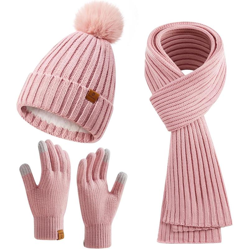 Womens Long Scarf Gloves and Hat Set Cold Weather Hat Scarf Glove Set for Women Winter Beanie Hats with Pom Pom