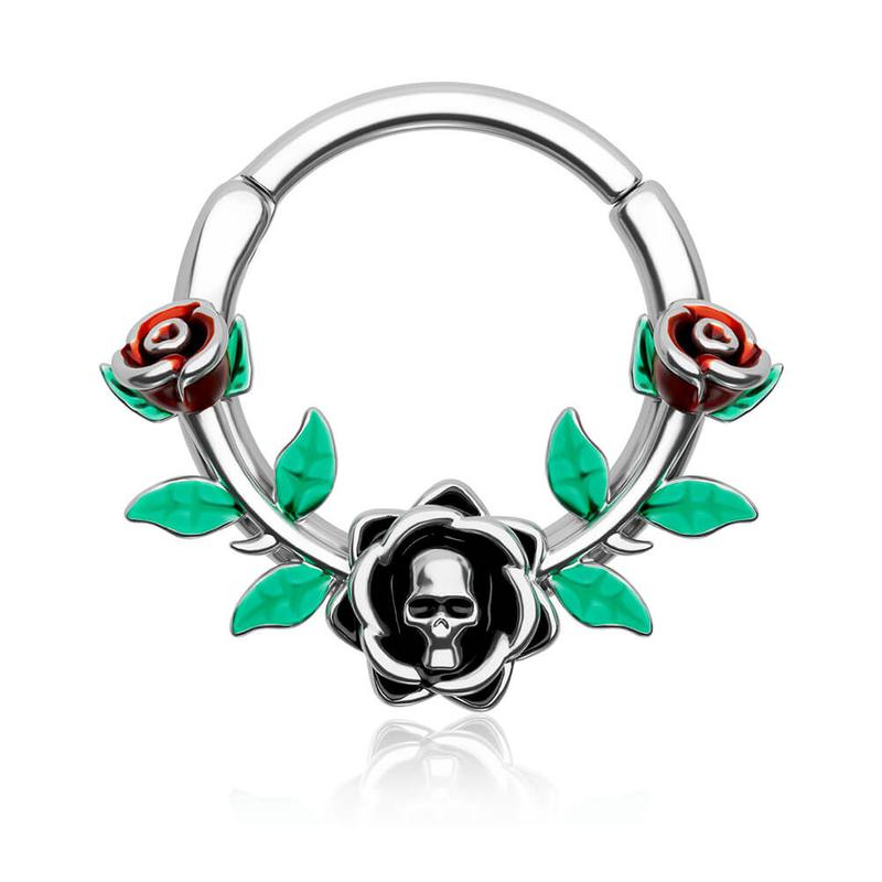 Oufer 16G Skull Head Rose Design Green Leaves Segment Septum Ring