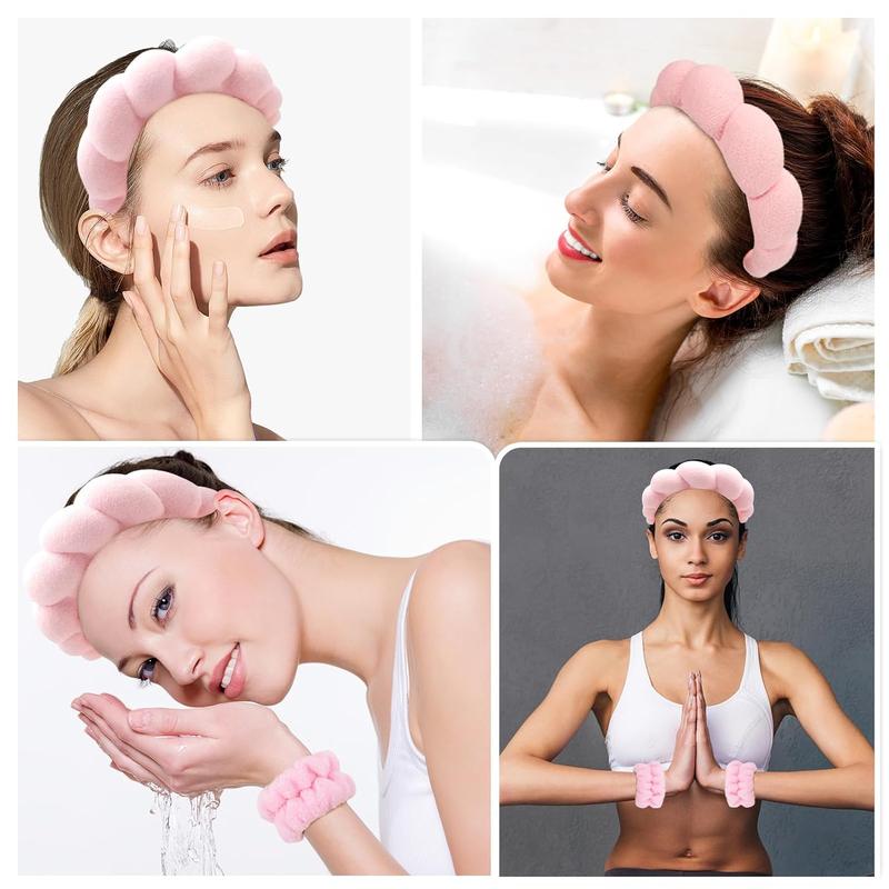 Spa Headband for Washing Face Wristband Sponge Makeup Skincare Headband Terry Cloth Bubble Soft Get Ready Hairband for Women Girl Puffy Padded Headwear Non Slip Thick Hair Accessory(Pink)