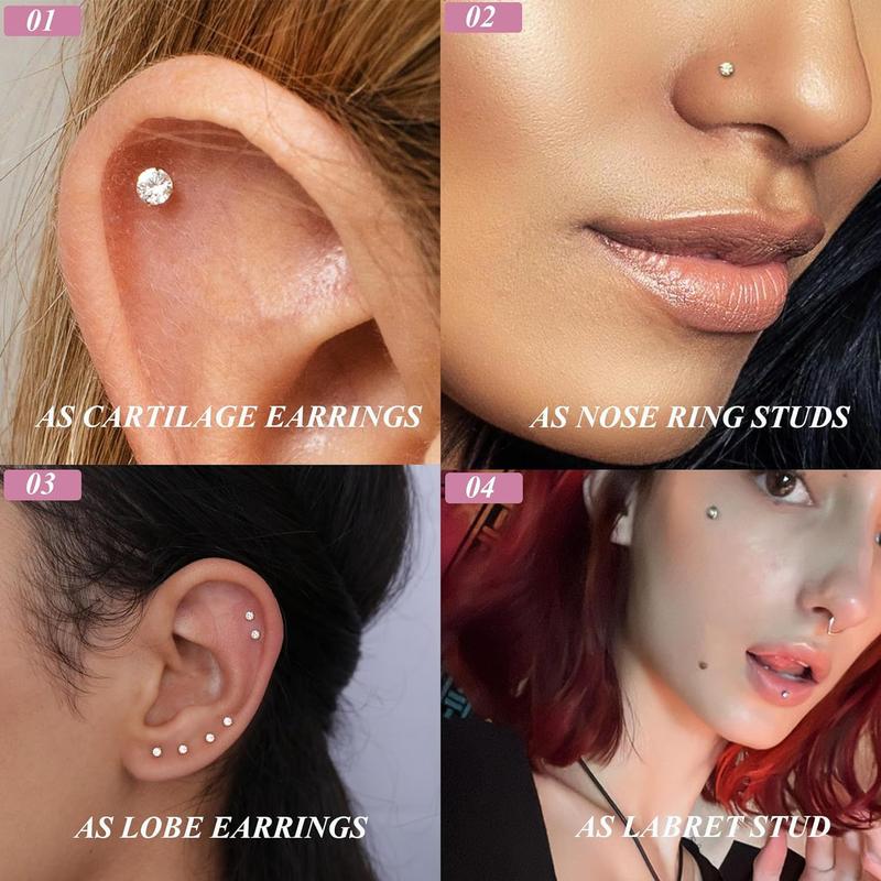 Threadless CZ Nose Studs for Men & Women – Hypoallergenic 316L Surgical Steel Flat Back Rings for Nostril, Tragus, Helix, Labret Piercings, 20G 18G