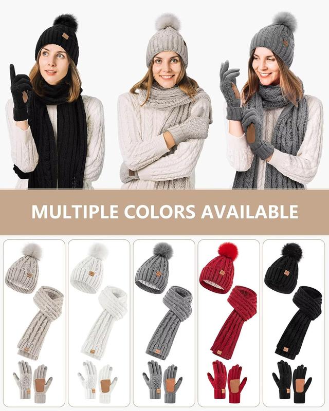 Womens Beanie Hat Scarf Gloves Set, Fleece Lined Winter Hat with Pom Pom, Long Knit Scarf Touchscreen Gloves for Cold Weather