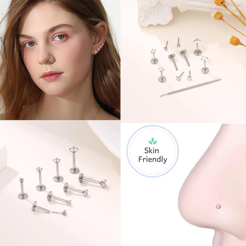 Threadless CZ Nose Studs for Men & Women – Hypoallergenic 316L Surgical Steel Flat Back Rings for Nostril, Tragus, Helix, Labret Piercings, 20G 18G