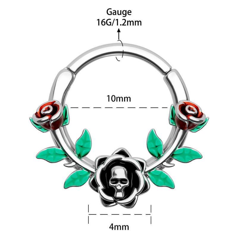 Oufer 16G Skull Head Rose Design Green Leaves Segment Septum Ring