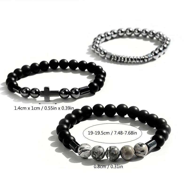 3 Pcs Black Hematite Beads Bracelets for Men Matte Glass Beaded Cross Pendant Bracelet Set with Map Stone Beads