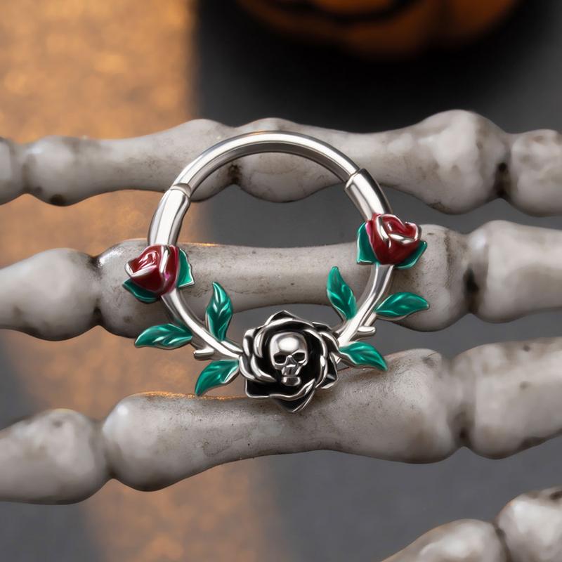 Oufer 16G Skull Head Rose Design Green Leaves Segment Septum Ring