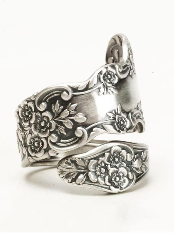 Vintage Flower Design Cuff Ring, Fashion Wrap Adjustable Accessories for Men, Retro Jewelry for Party, Daily Clothing Decor, Trendy All-match & Exquisite Jewelry for Birthday Gift