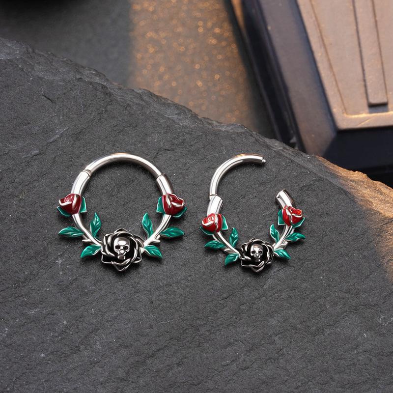 Oufer 16G Skull Head Rose Design Green Leaves Segment Septum Ring