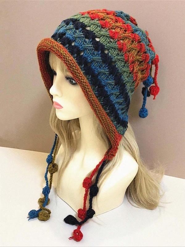 Women's Colorblock Braided Design Pom Pom Decor Beanie Hat, Casual Trendy Warm Earflap Hat, Fashionable Knit Hat for Fall & Winter