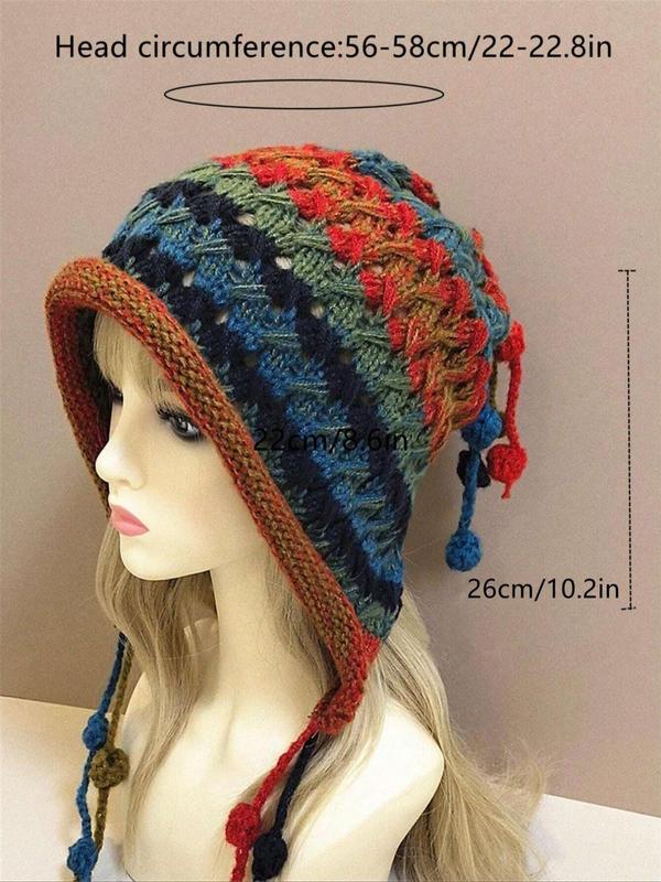 Women's Colorblock Braided Design Pom Pom Decor Beanie Hat, Casual Trendy Warm Earflap Hat, Fashionable Knit Hat for Fall & Winter