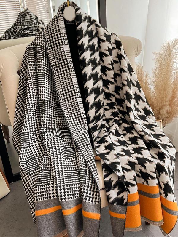 All Over Houndstooth Pattern Tassel Design Scarf, Casual Soft Warm Shawl for Fall & Winter, Fashion Accessories for Both Men & Women